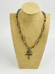 Collar Lucky Brand Tono Plata Cruz Marrón Cuentas Cristiano Anticuado 18 pulgadas - Imagen 1 de 5