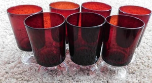 25-784 7 Vintage Lunimarc Ruby Red Stem 4" Cordial Juice Wine Glasses France Old - Picture 1 of 6