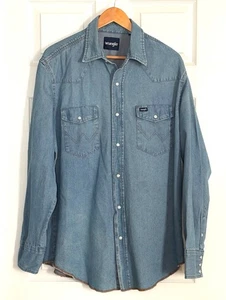 Vintage Y2K WRANGLER Men's Western Pearl Snap Long Sleeve Denim Shirt Sz L - Picture 1 of 10