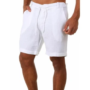 Men's Cotton Drawstring Solid Pockets Breathable White Cotton/Linen Shorts - Picture 1 of 2