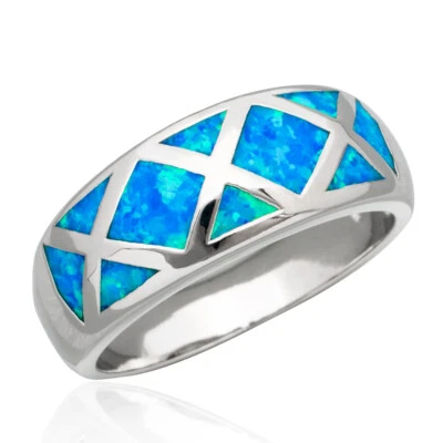 Grid Ocean Blue Fire Opal Silver Jewelry Women Wedding Band Ring Size 7 8 9 10 - Image 1 of 4