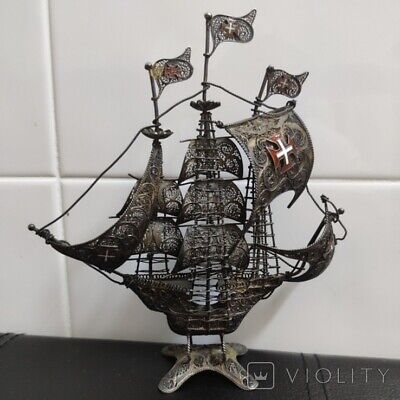Antique Silver Miniature Ship Enamel Portugal Scandinavian Sail Filigree 125 Gr • 1,002.04$