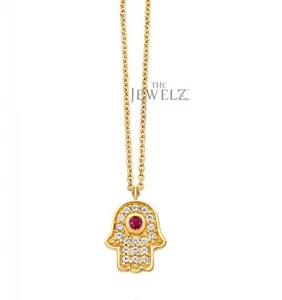 14K Gold VS/F-G Diamond-Ruby Gemstone Hamsa Hand Pendant Necklace - The Jewelz - Picture 1 of 3