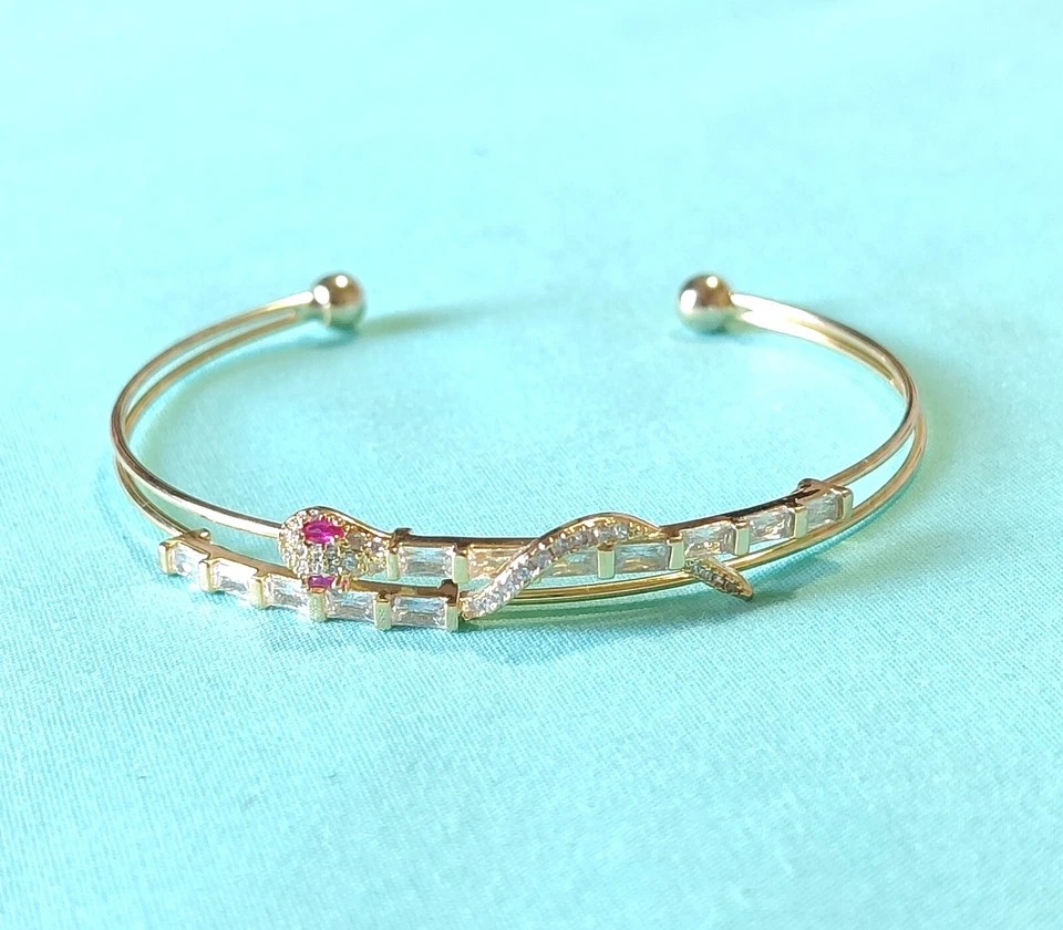 Gold Plated Cuff Bracelet Red Lab Ruby Eyes And Clear CZ Snake 7in - Image 1 of 4