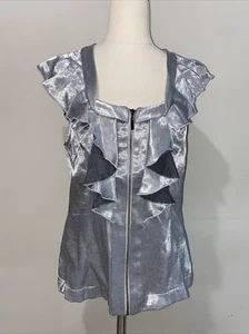 Cue Shiny Silver Zip Front Ruffle Blouse Size 12 New With Tag RRP $145 - Picture 1 of 7