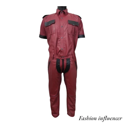 Uniforme de policía de cuero de oveja 100 % real para hombre uniforme militar gay ropa de club Foto 1 de 4