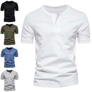 New Mens Henley Grandad Solid T Shirts Tee Summer Short Sleeve Casual Loose Tops - Picture 1 of 13