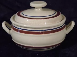 Vintage bedeckt Auflaufform 1 1/2 Quart weiß braun und blaue Ringe - Bild 1 von 5
