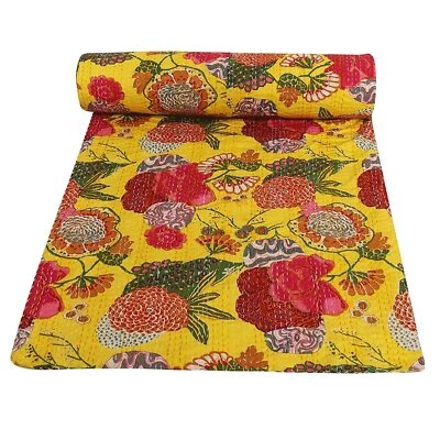 Colcha Kantha Edredón Doble Manta Amarilla Algodón Gudari Estampado Fruta Colcha Foto 1 de 4