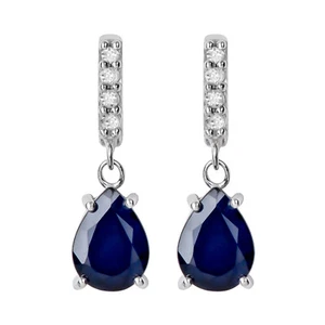 10k White Gold Genuine Pear-Shape Sapphire and Diamond Drop-Dangle Earrings - Picture 1 of 5