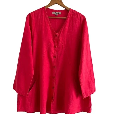 FLAX Red Linen Button Sack Jacket S Long Tunic Lagenlook Lagom Oversized Boho - Image 1 of 4