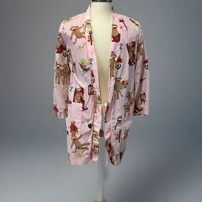 Nick & Nora Robe Small Medium Sock Monkey Pink Lined Pockets Kinomo NO BELT - Image 1 of 4