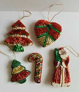5 Sequined Beaded Christmas Ornaments Gift Decorations Satin Lined Puffy - Picture 1 of 8