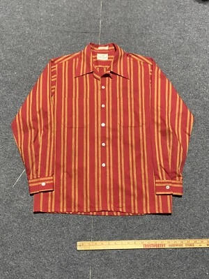 Vintage 50s 60s Donegal Sanforized Loop Collar Striped Red Rockabilly Men Medium - Image 1 of 4