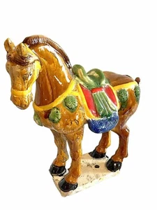 Antique Large Tang Dynasty Majolica Drip Glaze War Horse 13x12x6 Inch Signed - Picture 1 of 12