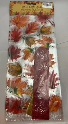 30 Plastic Cello Treat Candy Bags with ties Leaves Fall Thanks Halloween 5 x 11 - Image 1 of 2