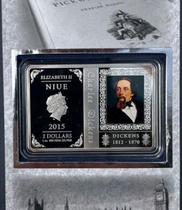 2015 Niue **Charles Dickens & QEII shared obverse coin** 1oz Silver Proof Coin - Picture 1 of 4
