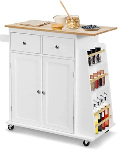 Kitchen Island with Storage on Wheels, Dining Room Rolling Trolley Cart W/Rubber - Picture 1 of 12