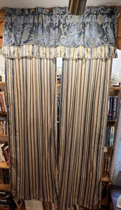 Luxury formal 82"L 2-panel w/valance poly/cotton drapery, gold&blue, rod pocket - Picture 1 of 14