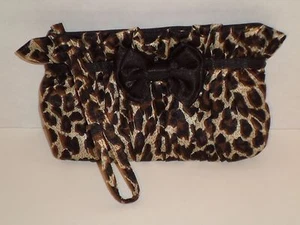 Brown Animal Print Satin Small Wristlet with Black Bow Super Cute - Picture 1 of 2