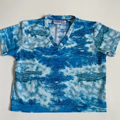 Vtg Sun Streak Newport News Swimming Top Women's Sz M Ocean Waves All Over Print - Photo 1/4
