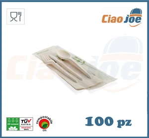 100 Tris Bis posate monouso BIO compost forchetta+coltello+cucchiaio+tovagliolo - Imagen 1 de 1