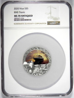 2020 NIUE $5 ~ GRAND SHIPWRECKS ~TITANIC ~NGC MS70 ANTIQUED ~ 2 Oz. .999 SILVER! - Image 1 of 4