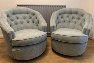 2 Retro Tub Seat Chairs Light Blue Damask Bucket Swivel Armchairs On Casters - Picture 1 of 12