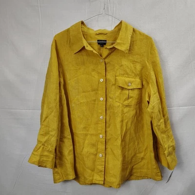 NUEVA Blusa Talbots Lino Irlandés Puro Manga 3/4 Pestaña Enrollable Abotonada Color Otoño Foto 1 de 4
