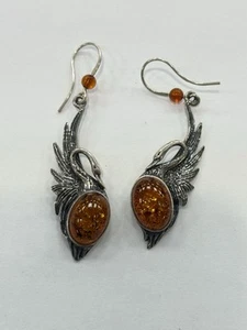 Vintage 925 Sterling Silver Amber Swan Bird Dangle Earrings - Picture 1 of 9