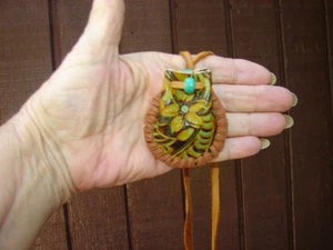 Native American Style Leather Medicine Bag, Tooled Leather Necklace Pouch, 2" - Picture 1 of 10