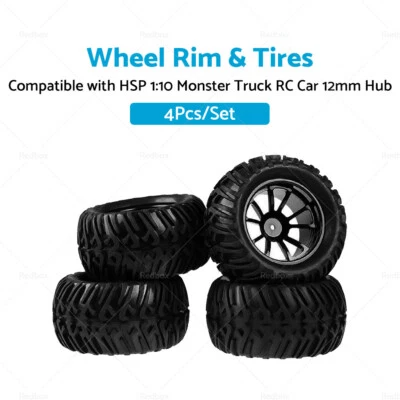 4x Wheel Rim & Tires Suitable For HSP 1:10 Monster Truck RC Car 12mm Hub - image 1 of 4