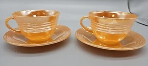 2 Sets FIRE-KING Peach Lustre Orange Iridescent Three LineStripe Cups & Saucers - Picture 1 of 9