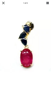 Oval Ruby & Blue Sapphire Pendan,14K Yellow Gold Plated,925 Sterling Silver - Picture 1 of 12