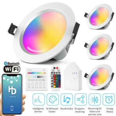 9W WiFi Bluetooth LED Einbaustrahler RGB+WW+CW Einbauspots Deckenspots Dimmbar  - Bild 1 von 4