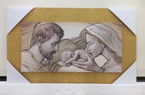 QUADRO SACRA FAMIGLIA CON CORNICE IN LEGNO ORO E TELA CON GLITTER 76x46 cm - Imagen 1 de 3