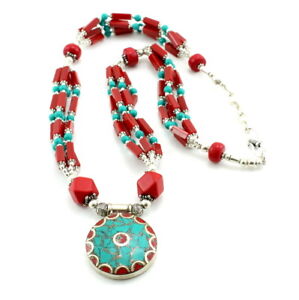 Pendant necklace Tibetan green turquoise red quartz gemstone beaded jewellery