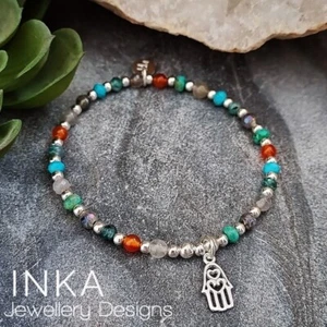 Sterling Silver & Gemstone HAMSA Stacking Bracelet 925 Stretch Stacker By INKA - Picture 1 of 7