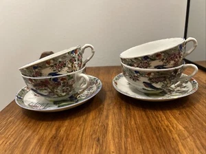 Antique Japan Cup & Saucer Tea Set, Blue Bird Japanese Eggshell 4cups 2 Saucers - Picture 1 of 17
