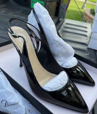 Delman Bliss 7 37.5 Black Patent Leather Heels Ankle Strap Pointed Toe Pumps - Image 1 of 4