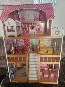 Pink KidKraft Dollhouse with Wooden Furniture and Accessories (15 items). - Picture 1 of 9