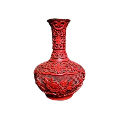 Vintage Chinese Red Cinnabar Lacquer Vase Hand Carved Flowers 5" - Image 1 of 4