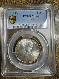 1958-R Italia Argento 500 Lire PCGS MS64 Tonalità Vera Vista e Scudo Oro 1° Anno - Foto 1 di 3