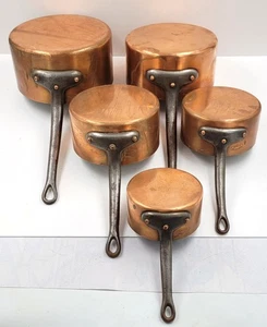 Vintage French 5 PIERRE VERGNES DURFORT COPPER SAUCEPANS 4.6Kg TINNED 10lb IRON - Picture 1 of 14