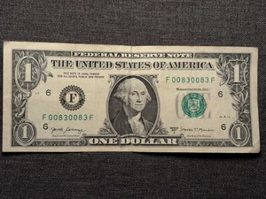 $1 One Dollar Bill - Fancy Serial Number F00830083F - Series 2017A - Picture 1 of 2