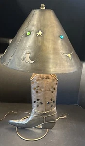 Vintage Brass Western Cowboy Boot Table Lamp & Shade W/Cow & Boot Cutouts Mexico - Picture 1 of 18