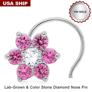 1 Day Shipping Lab-Grown Diamond & Pink Sapphire 14k WhiteGold Nose Pin Piercing - Picture 1 of 15