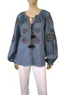 Vita Kin Sz Large Embroidered Blue Linen Puff Sleeve Peasant Blouse Brand New