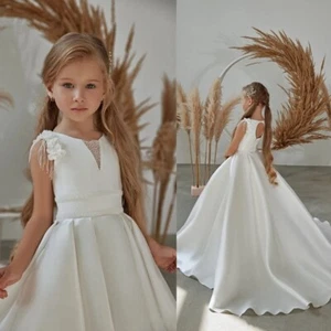 White Flower Girl Dress for Weddings Flowers Beaded Satin A-line Long Dresses  - Picture 1 of 9