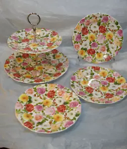 Portmerion Rose Bouquet 2 Tier Cake Stand and 3 desert plates - Picture 1 of 7